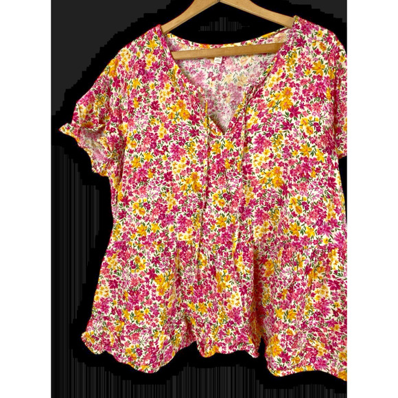 Terra & Sky Floral Top Fit & Flare Peplum Pink V Neck Romantic Cottagecore 1X - Picture 3 of 13